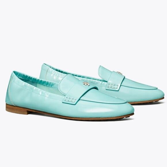 Tory Burch RARE Blue Silver Ballet Patent Leather Loafer Flat MistyAqua Spongy 5 - Picture 1 of 12